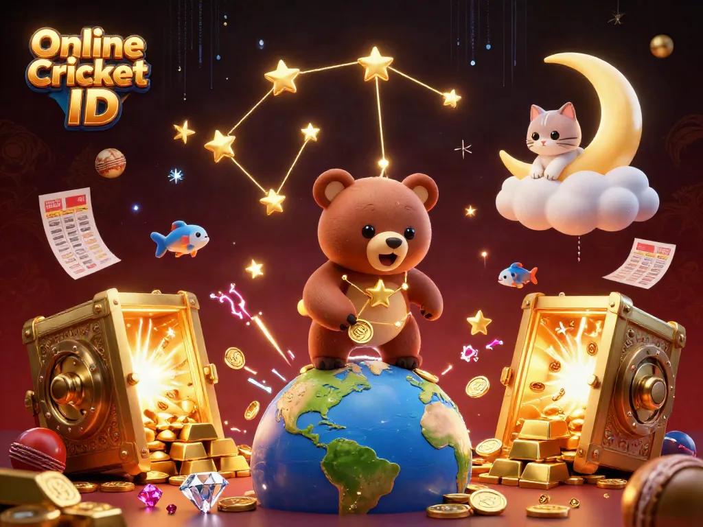 Online Cricket ID represented through a vibrant 3D scene of cosmic elements interacting with cricket betting themes, emphasizing fun and security.