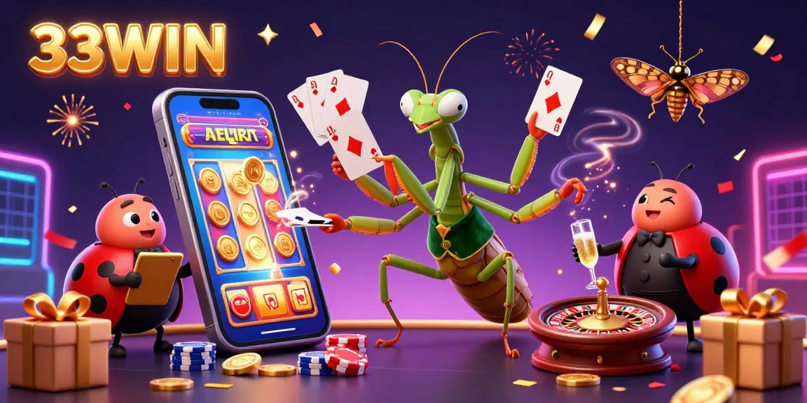 Engage in exciting gaming with 33WIN featuring a giant mantis card sharp, vibrant slot elements, and casino energy.