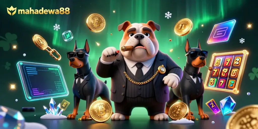 Join the thrilling action of mahadewa88 with 3D characters in a vibrant casino scene featuring slot reels and glowing cryptocurrency coins.