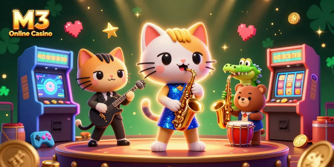 M3 Online Casino offers a vibrant 3D gaming experience with jazz-singer cat, saxophone crocodile, and drumming bear in an engaging casino setting.
