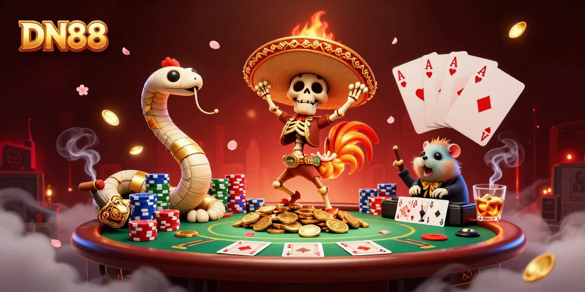 Experience DN88's excitement with cartoon skeletons and vibrant casino elements in a 3D illustration.