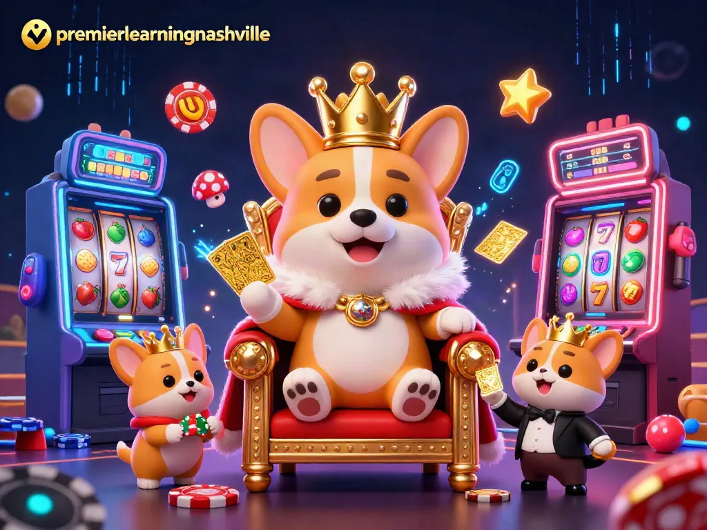 Permainan slot di premierlearningnashville dengan raja corgi bermahkota dan kartu emas yang menonjol.