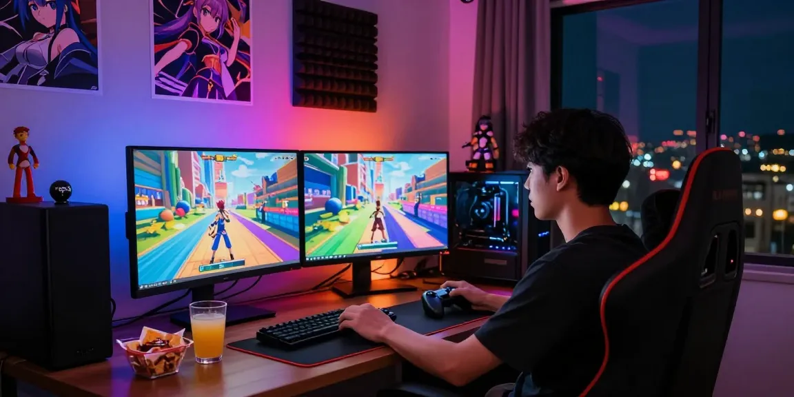 Playing an engaging hentai game on a colorful gaming setup
