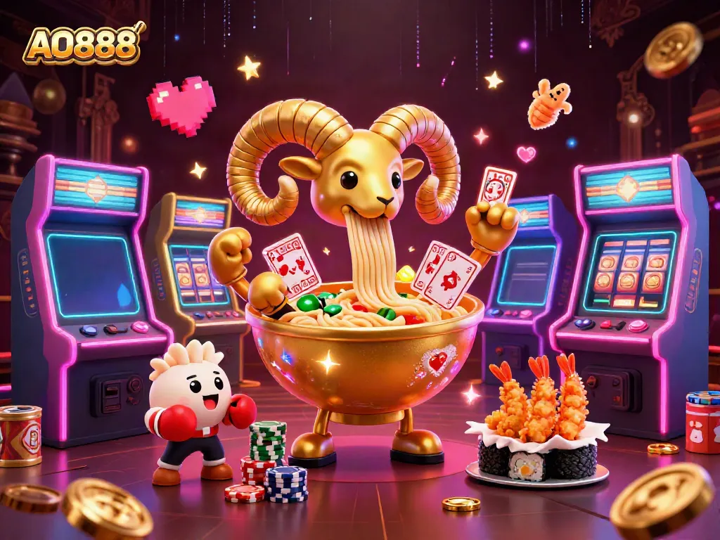 Engage in thrilling gaming adventures with AO888 in this vibrant, dynamic 3D casino illustration.