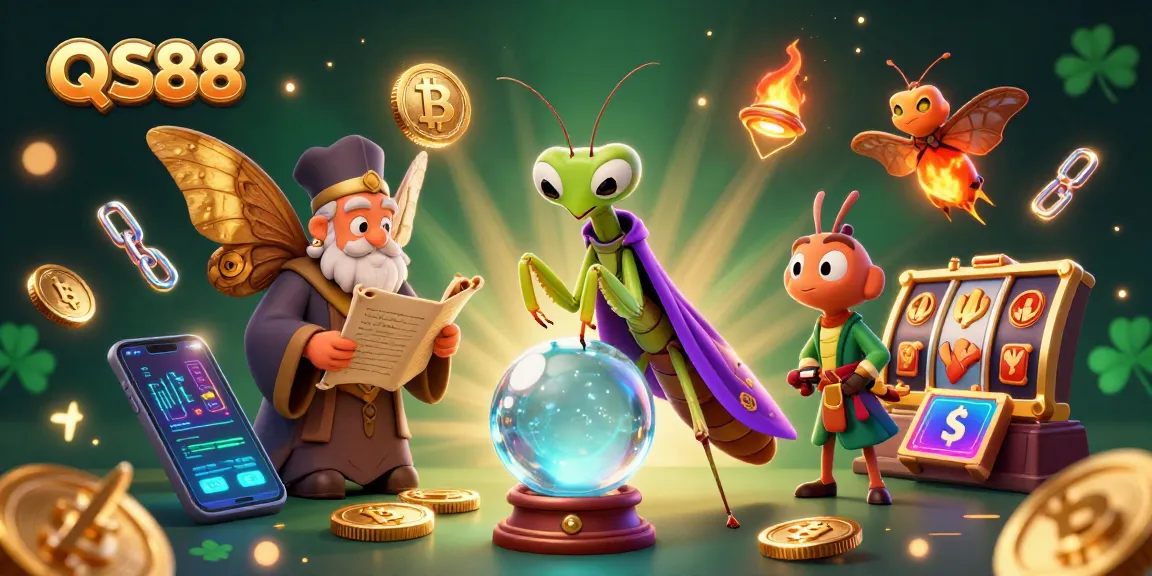 Experience the enchanting world of QS88 with a vibrant casino illustration featuring mystical characters and glowing crypto elements.