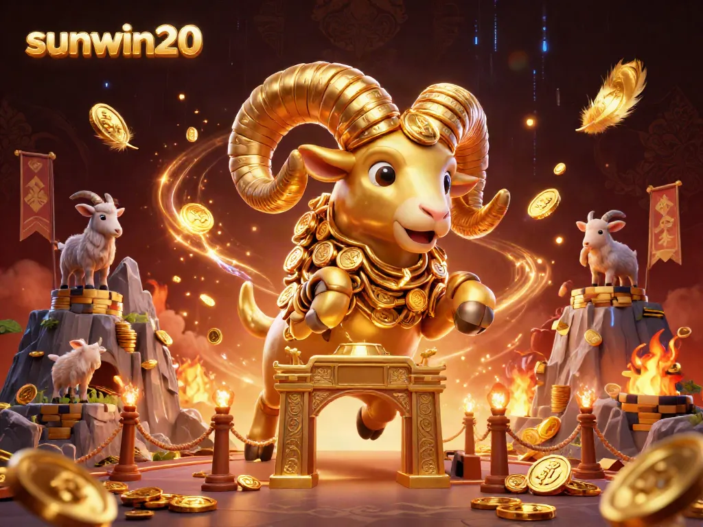 Experience the thrill of sunwin20 with a fantastical golden ram charging through a vibrant casino scene.