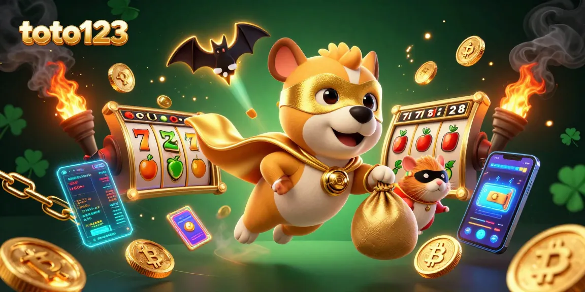 Win exciting games with toto123 in a thrilling scene featuring a superhero dog, coins, and slot elements.