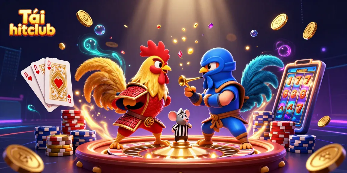 Engage in the exciting world of gambling with Tải hitclub, where roosters battle amidst cascading coins and spinning roulette