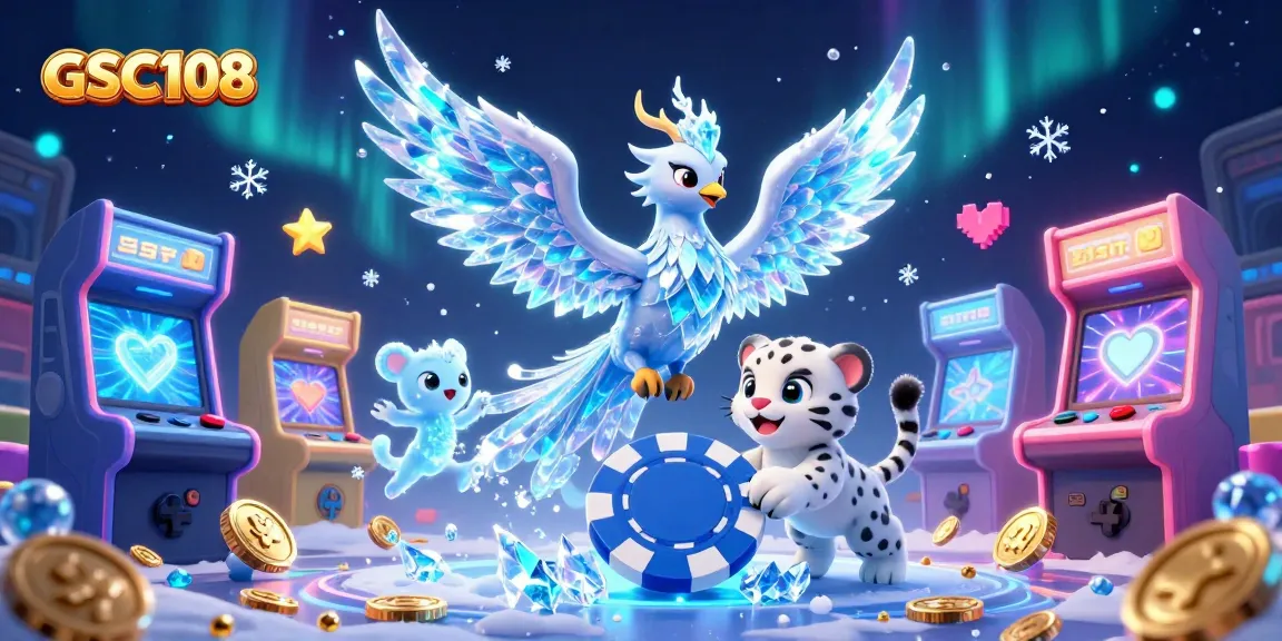 Experience the excitement of GSC108 with a dazzling illustration of a vibrant ice phoenix, playful snow leopard, and glowing sprites in a casino environment.
