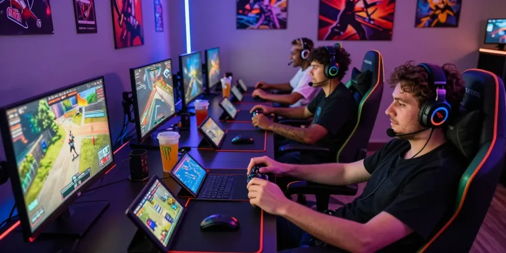 Người chơi game f168 đang tập trung trong phòng chơi game đầy màu sắc với ánh sáng LED.