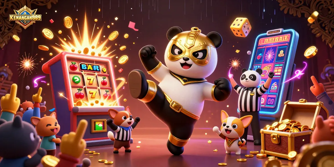 Experience the excitement of KENANGAN889 with a dynamic casino-themed illustration capturing a flying kick and a thrilling jackpot.
