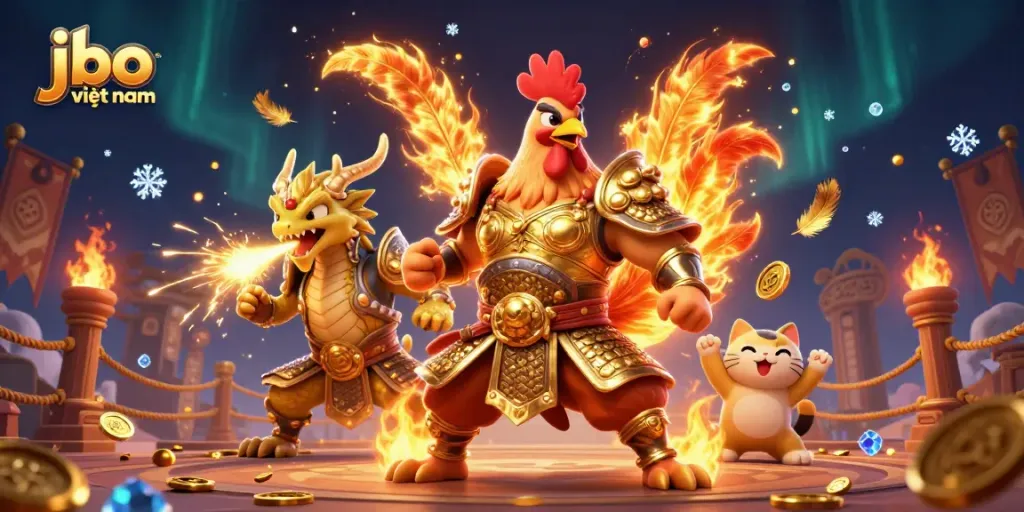Experience thrilling action with jbo việt nam in this vibrant 3D casino scene featuring fighting characters.