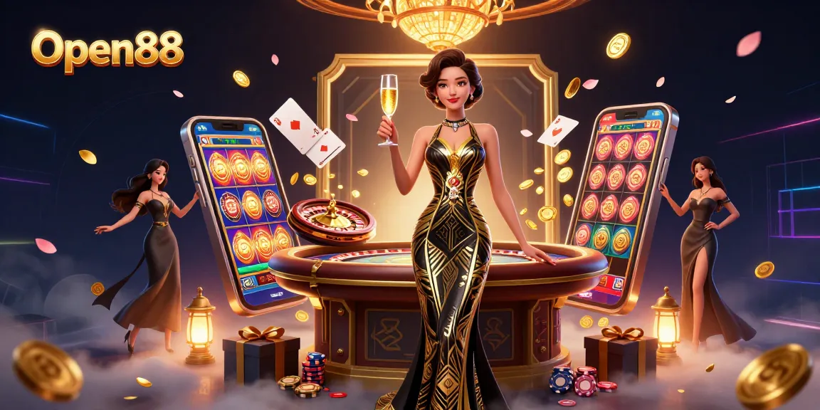 Open88 showcases a glamorous casino scene with an elegant woman, dynamic games, and vibrant excitement.