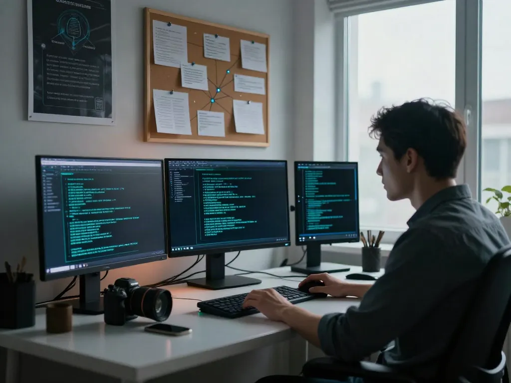 Researcher analyzing hidden wiki data on multiple screens in a dimly lit modern workspace.