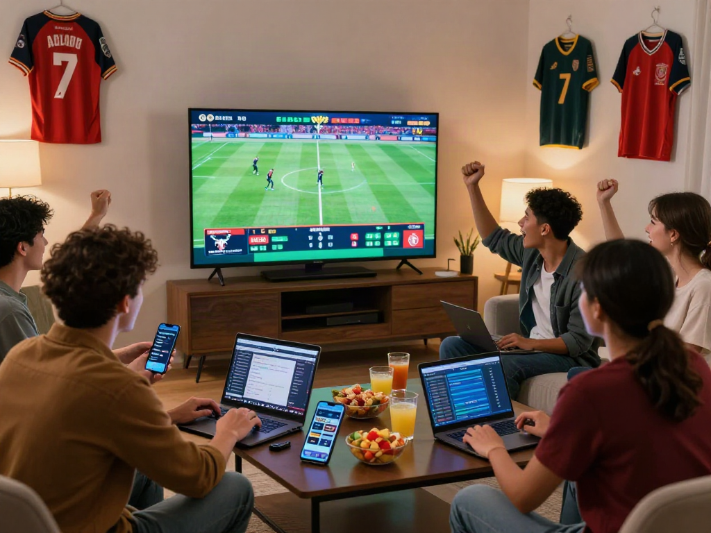 Friends enjoying a lively sports betting experience with ALO88 in a modern living room.