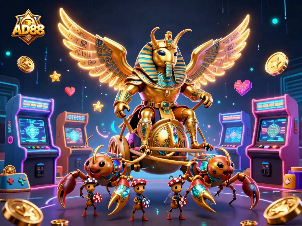 Engage with AD88's energetic casino experience featuring vibrant characters, gaming elements, and thrilling action.