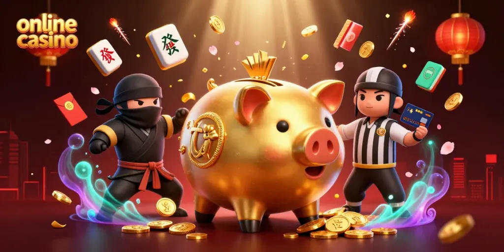 Experience thrilling gameplay with our vibrant online casino illustration featuring lively characters and gambling elements.