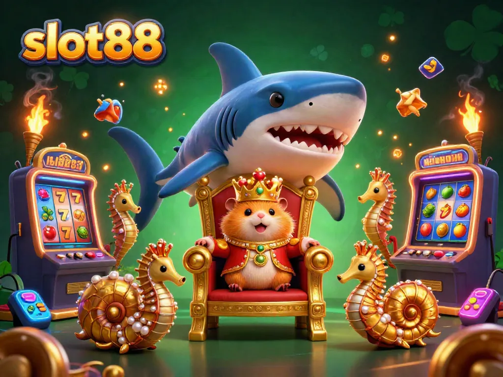 Kemenangan besar slot88 dalam ilustrasi menggemaskan, raja hamster emas di trono gigi megaldon, simbol permainan yang berkilau.