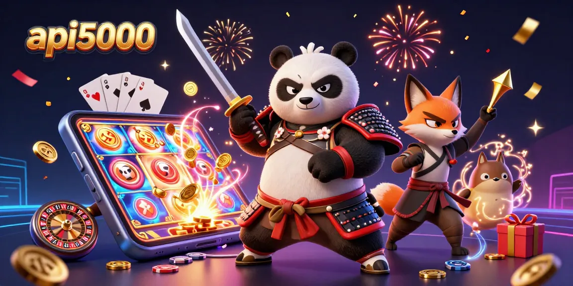 Menangkan jackpot api5000 dengan panda samurai dan ninja fox dalam ilustrasi kasino 3D.