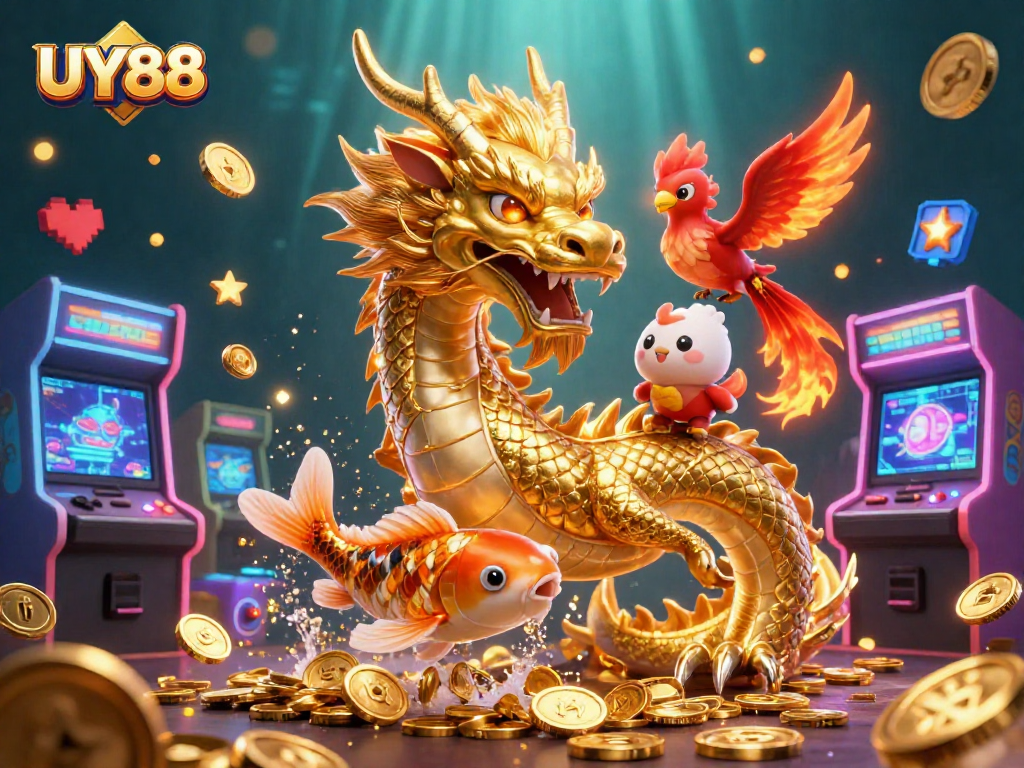 Experience thrilling action at UY88 with a fierce dragon and lucky koi fish in a vibrant casino scene.