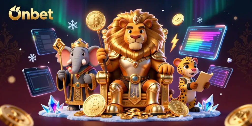 Experience thrilling moments with Onbet's lion king on a gold coin throne in a vibrant casino scene.