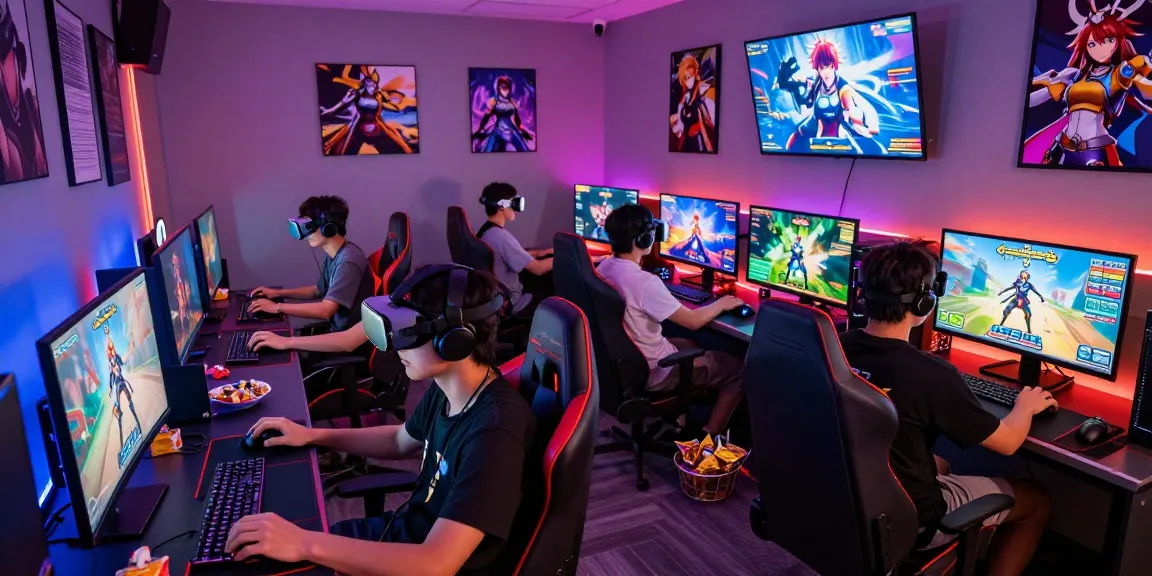 Engaging scene of gamers enjoying 3D hentai games in a vibrant gaming lounge.