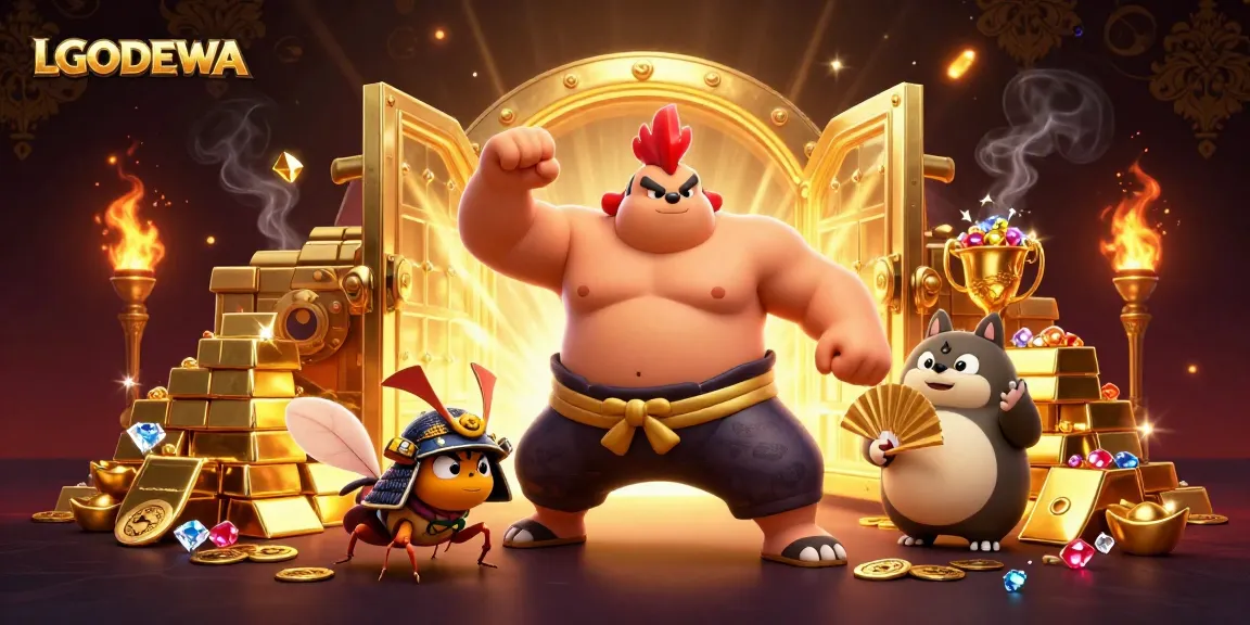 Engage in thrilling gaming adventures with LGODEWA's vibrant characters amid dazzling casino treasures.