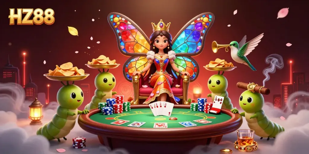 Experience HZ88 gaming excitement with vibrant poker elements and royal characters.