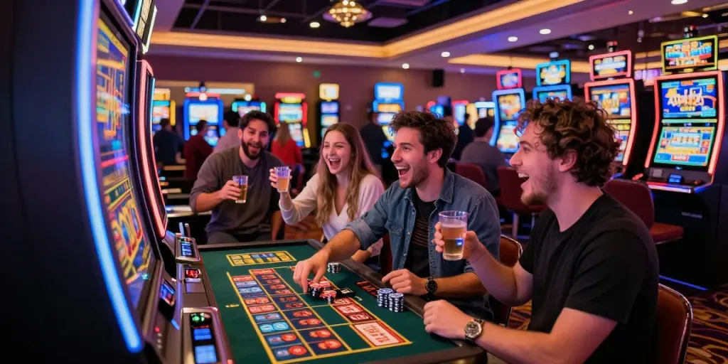 Friends enjoying a lively slot888 gaming experience in a vibrant casino.