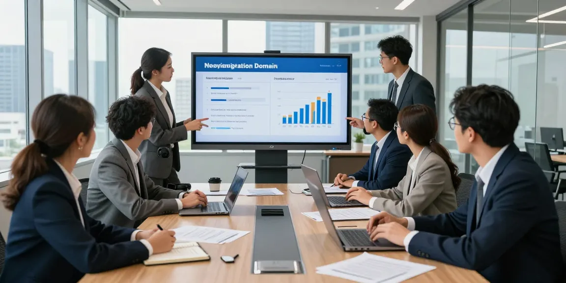 Professionals collaborating on a new registration domain list in a modern conference room, showcasing teamwork.