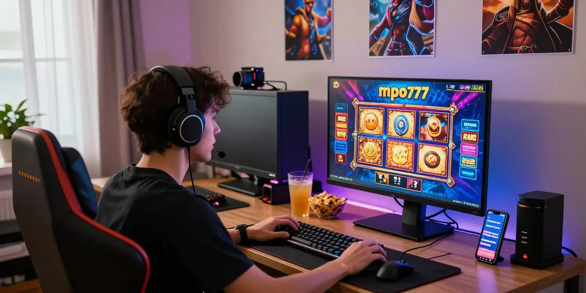 Engaging gaming moment featuring mpo777 slot online gameplay in a cozy home setup.