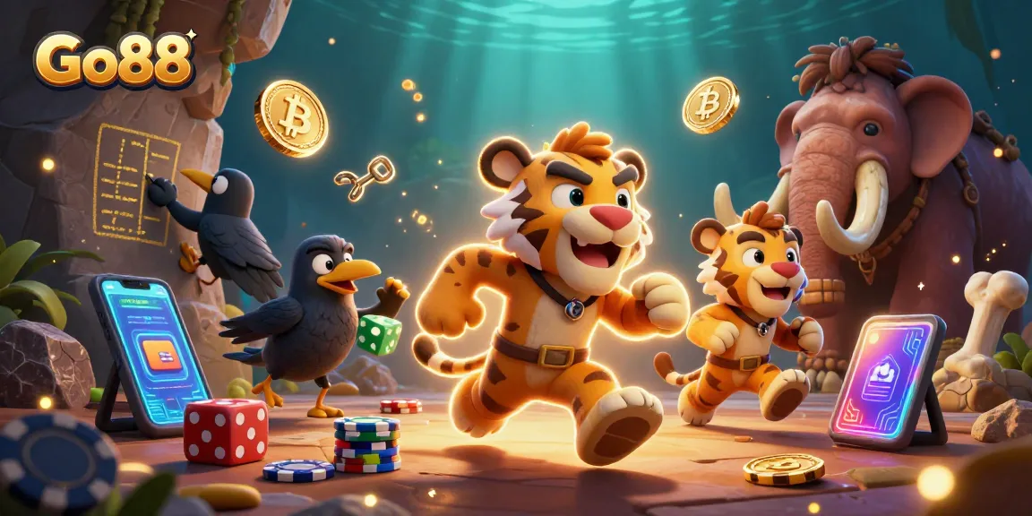 Engage with Go88's dynamic casino features amid vibrant illustrations of playful characters and exciting gaming elements.