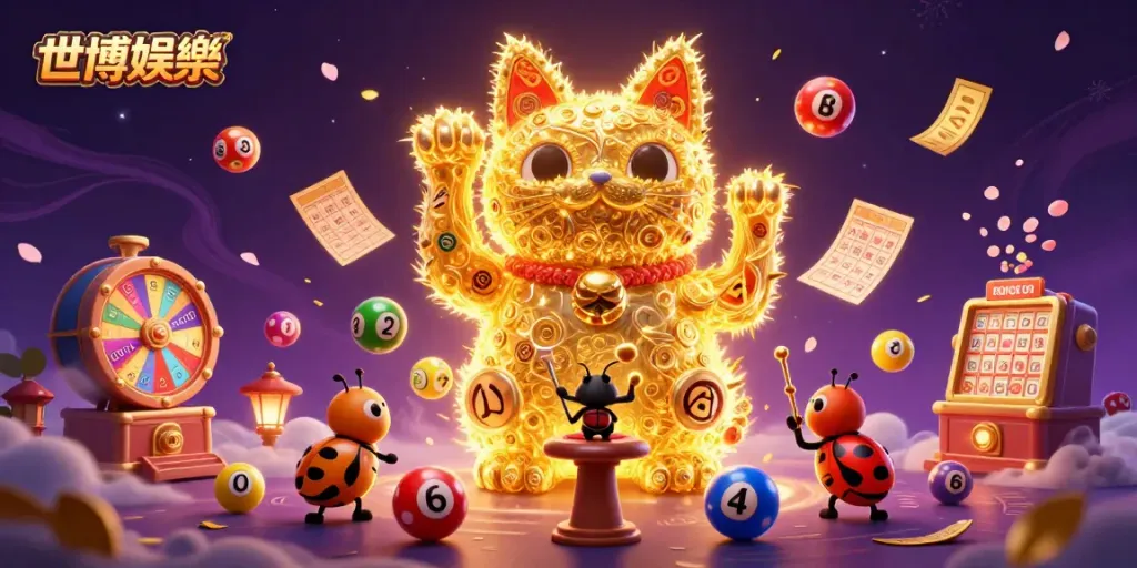 世博娛樂展現獨特的賭博體驗，閃亮的金色幸運貓與各種彩票元素互動。