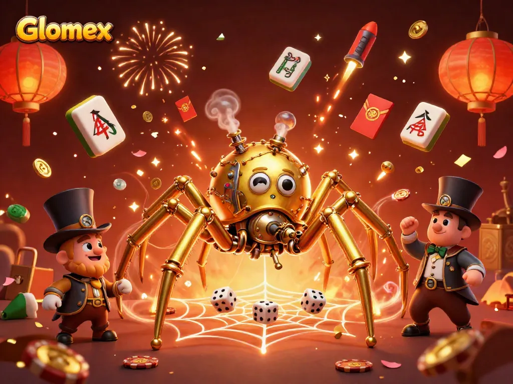 Engage with Glomex’s vibrant gaming scene featuring a steampunk spider and amusing fly.