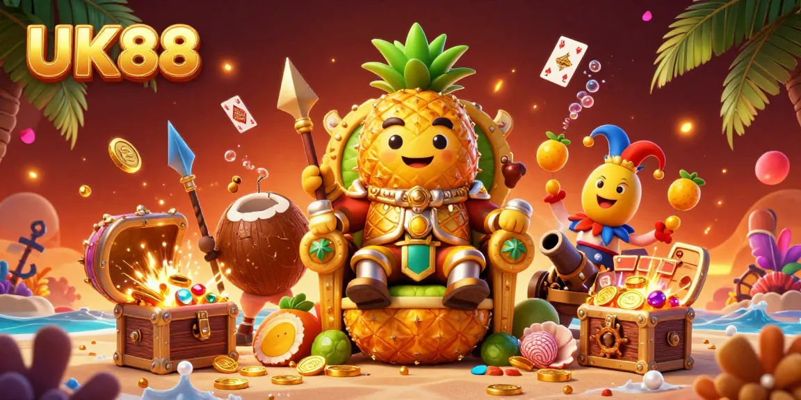 Experience UK88’s vibrant beach casino scene, featuring a golden pineapple king and treasure elements.