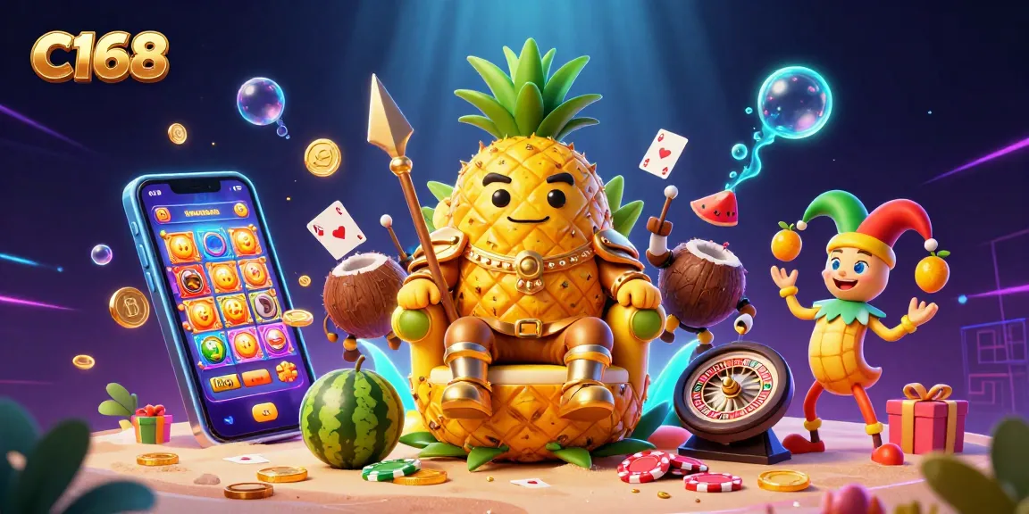 C168 builds a vibrant casino scene with a golden pineapple king and interactive game elements.