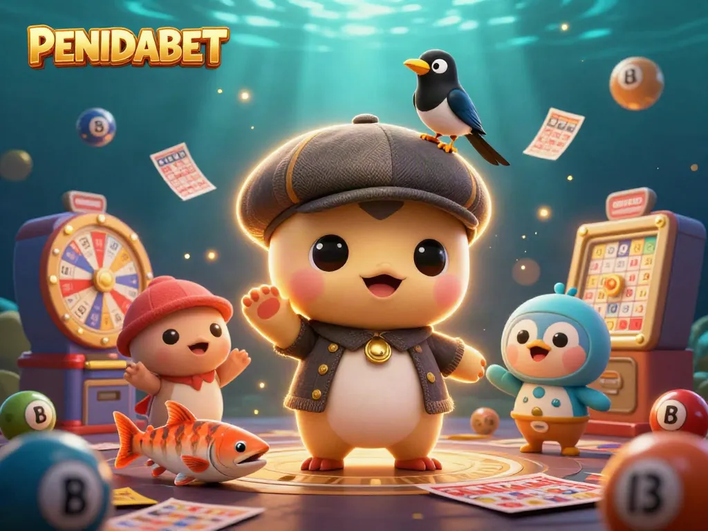 PENIDABET merayakan kemenangan dalam suasana permainan togel dengan karakter lucu dan elemen menarik.