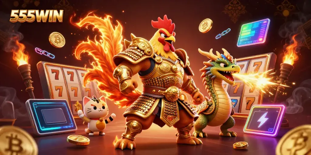 Experience the thrill of 555WIN slots and jackpots with our dynamic digital illustration.