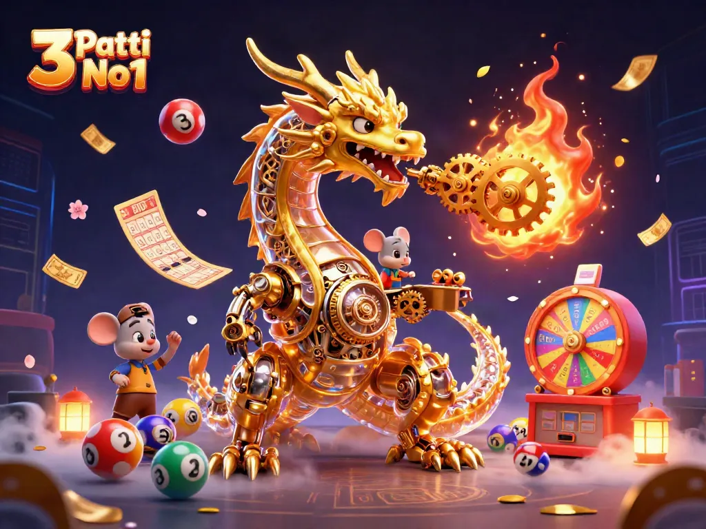Experience the excitement of 3 Patti No1 with a vibrant 3D illustration showcasing dynamic lottery games and golden elements.
