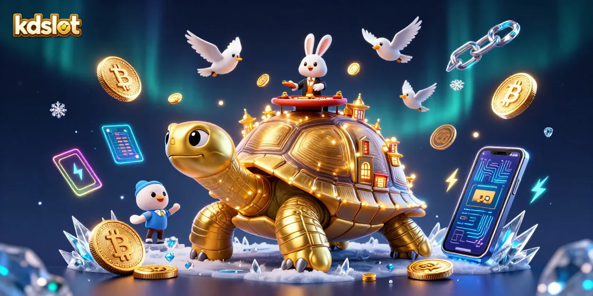 Experience the thrilling kdslot casino with a golden tortoise and vibrant game elements.