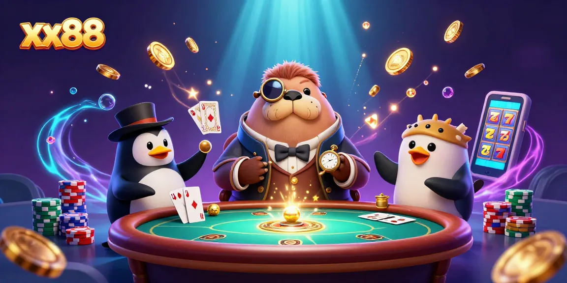 Spin to win at xx88 with a jolly walrus dealing cards underwater amidst golden coins.