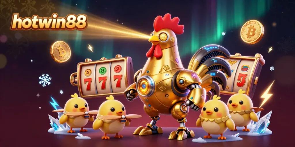 Hotwin88 showcases a vibrant 3D illustration with a golden rooster robot and slot game elements for online gaming.