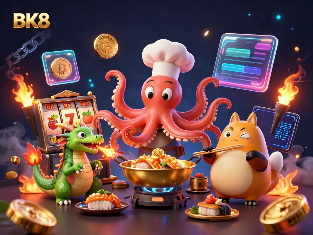 Engage with BK8's vibrant casino action featuring an octopus chef and mythical companions.