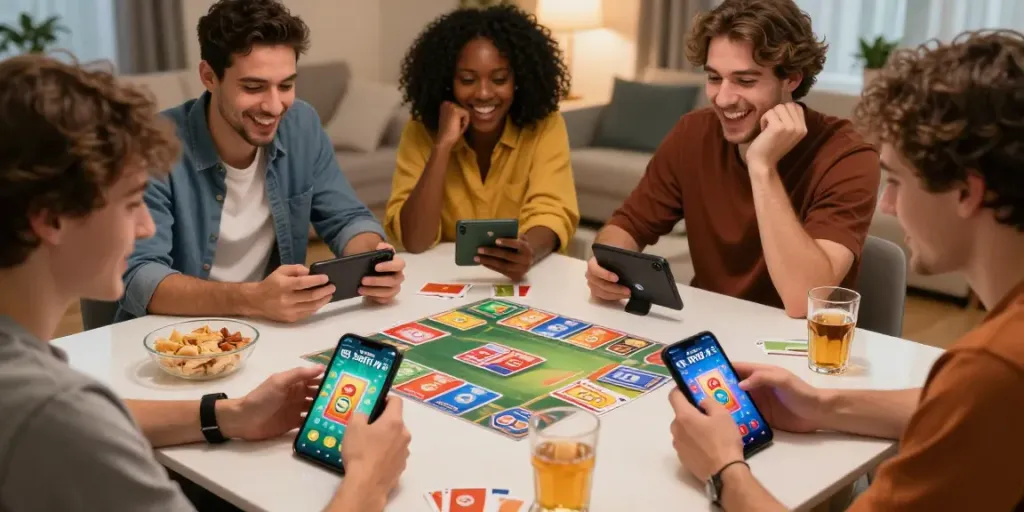 Friends enjoying a dynamic game of 3 Patti No1 on their smartphones in a lively living room atmosphere.