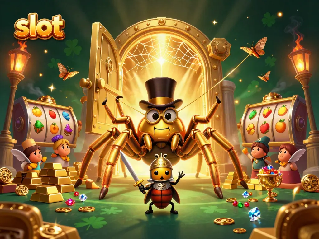 Engage with slot gameplay as a golden tarantula spins its web of fortune with shimmering treasures.