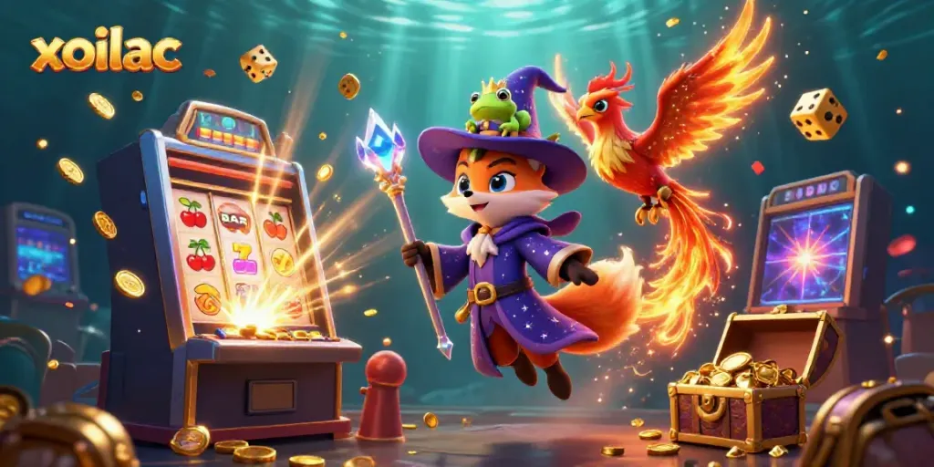 Engage with xoilac featuring a wizard fox amidst a dynamic casino scene, sparkling with excitement.