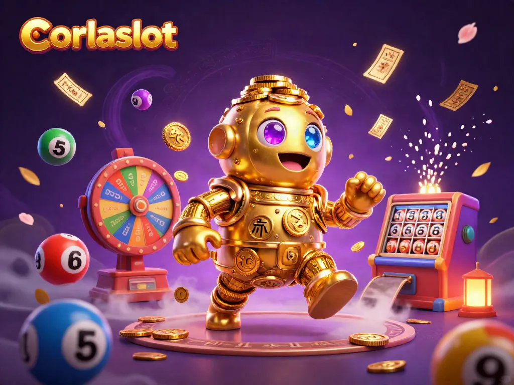 Experience corlaslot's vibrant casino atmosphere with a magical golden golem and dynamic game elements.