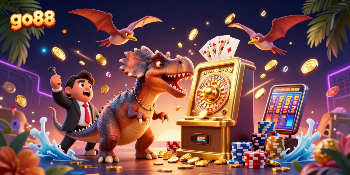 Experience the thrill of go88 as our dinosaur duo hits the jackpot, surrounded by shimmering casino chaos.