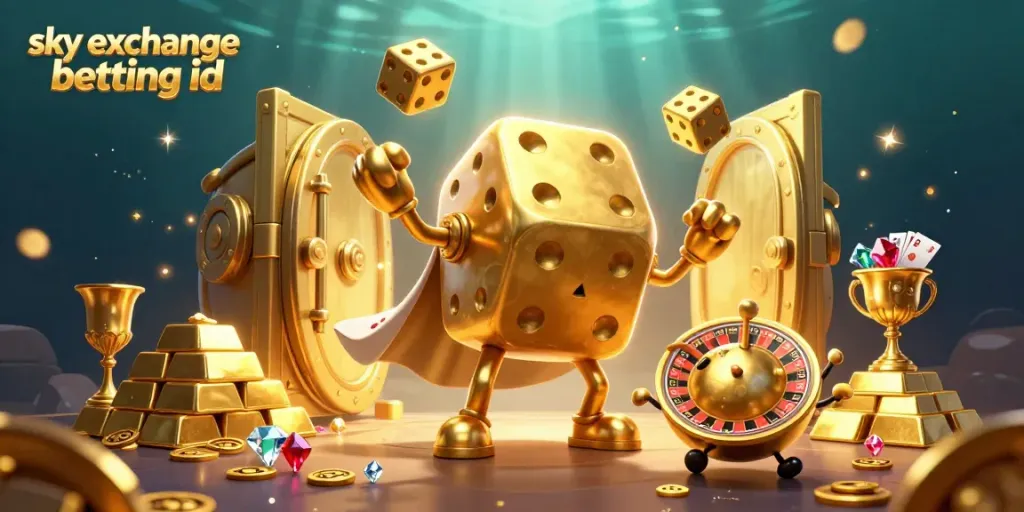 Experience the thrill of sports betting with sky exchange betting id, featuring vibrant golden elements and dynamic characters.