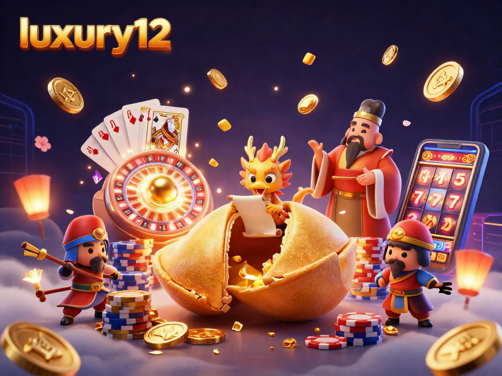 Experience luxury12 thrills in a vibrant 3D casino scene filled with golden fortune elements.